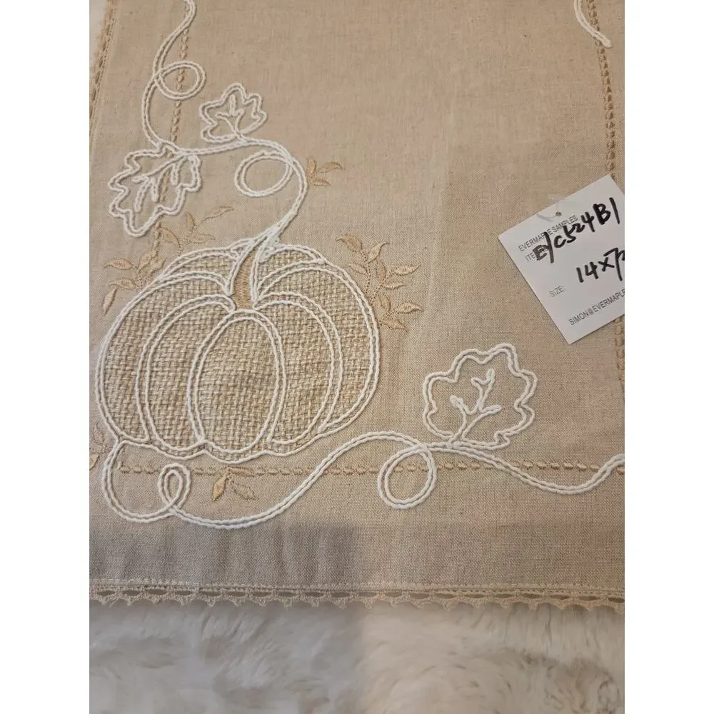 Rare Evermaple Manufacturers Sample Neutral Embroidered Pumpkin Table Runner...